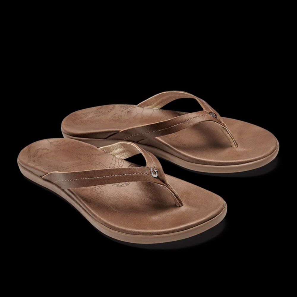 Olukai Honu Slide Thong Leather Laser-Etched Strappy Sandals Bronze  US 7/EU 37